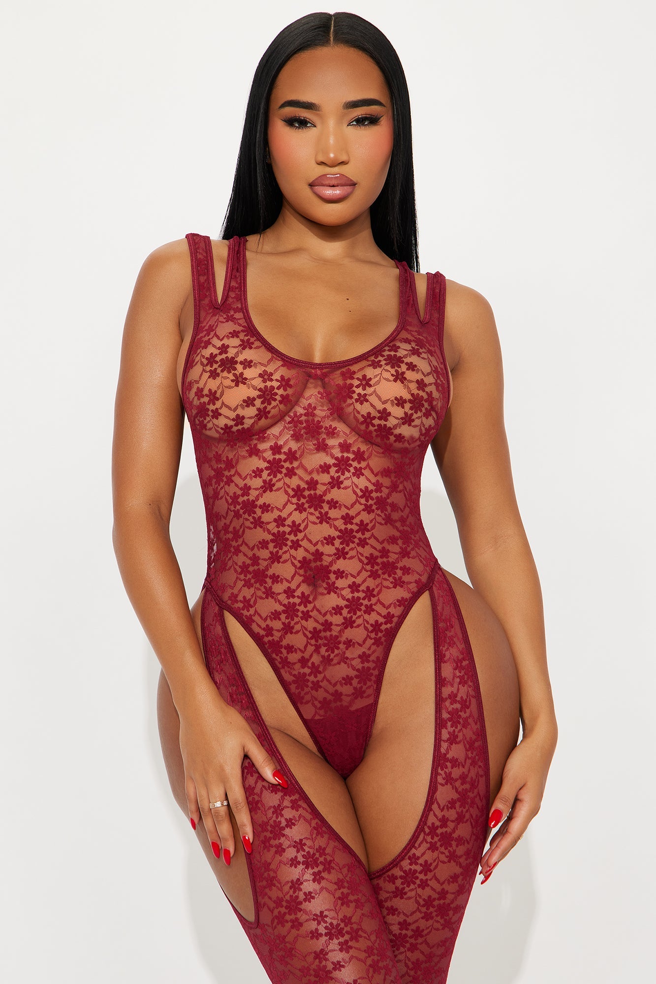 Laced To Break Lace Bodystocking - Wine