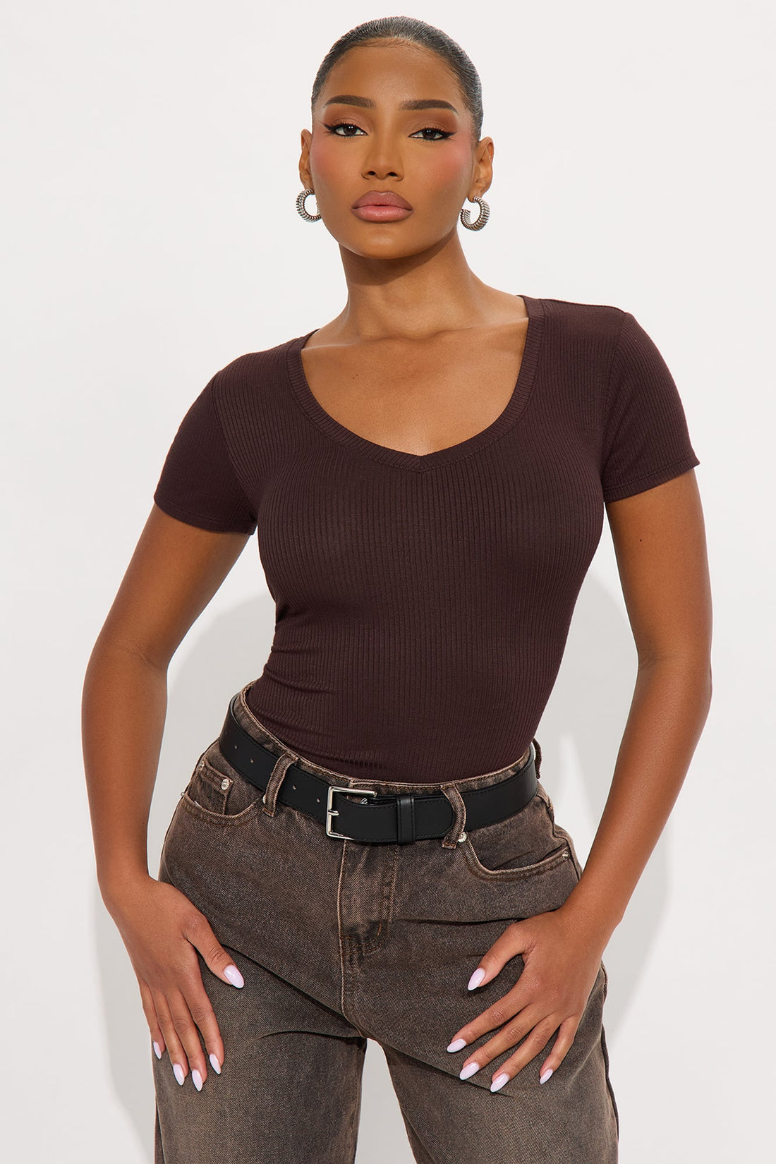 Natalie Ribbed Tee - Brown
