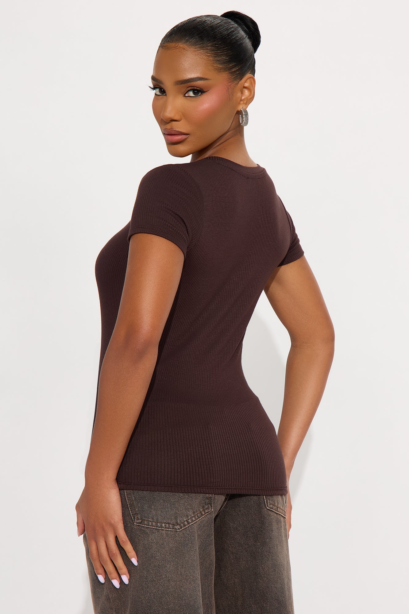 Natalie Ribbed Tee - Brown