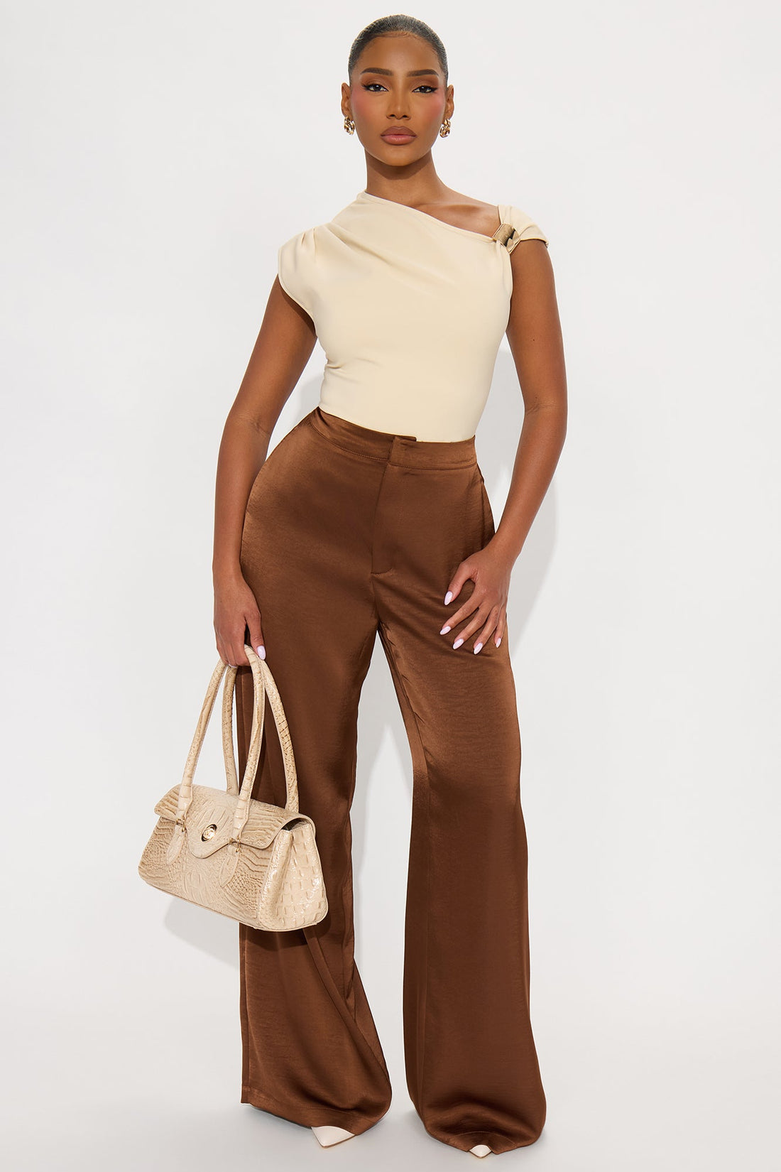 Denise Satin Wide Leg Trouser Pant - Chocolate