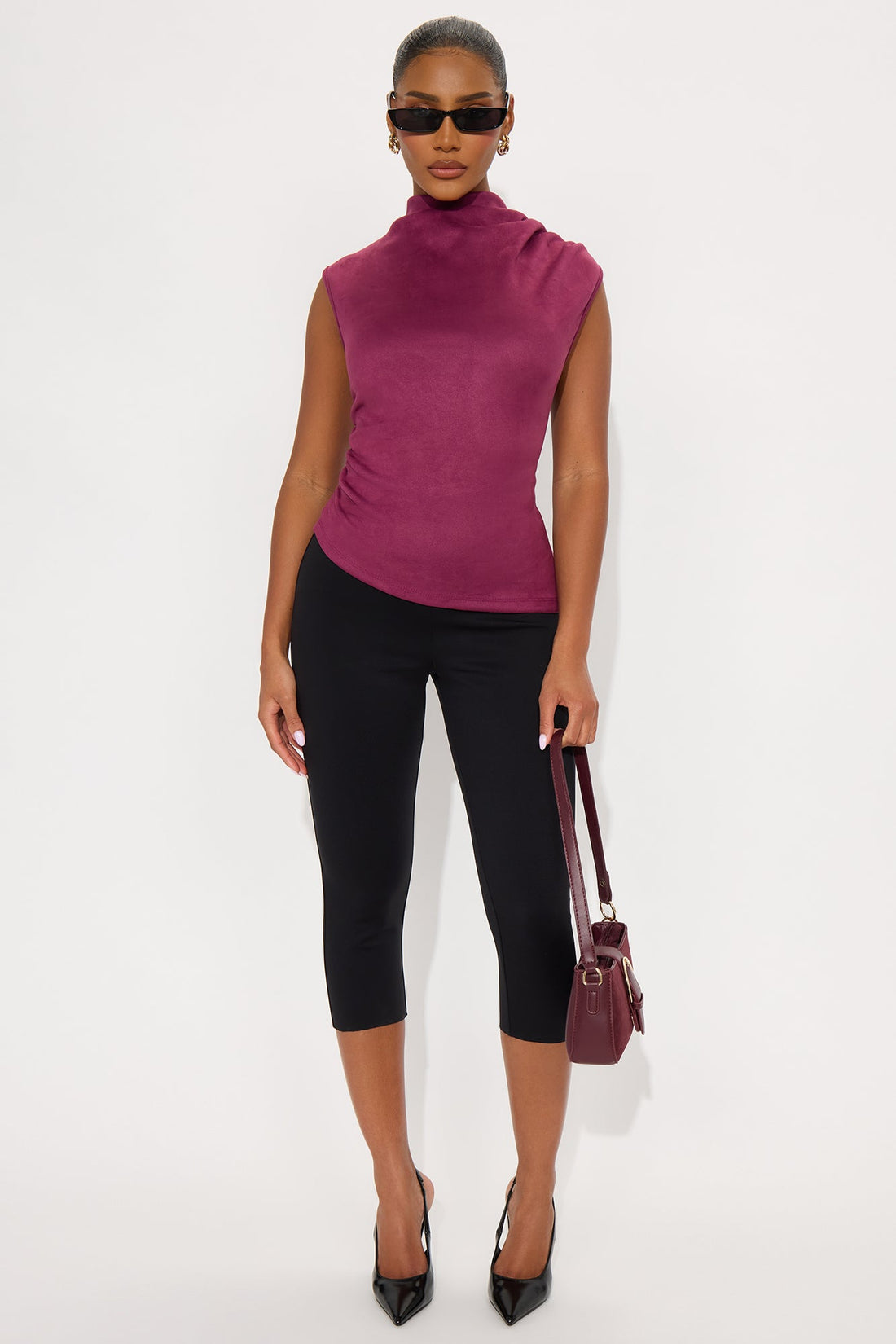 At Dusk Faux Suede Mock Neck Top - Plum