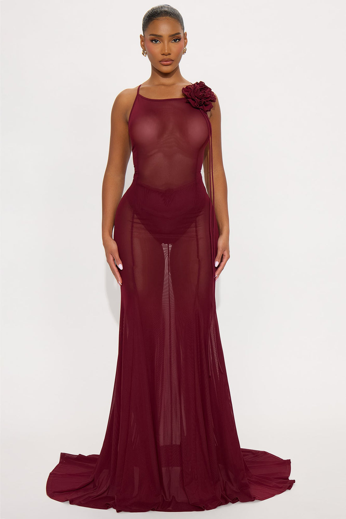 Sheer Goddess Mesh Maxi Dress - Burgundy