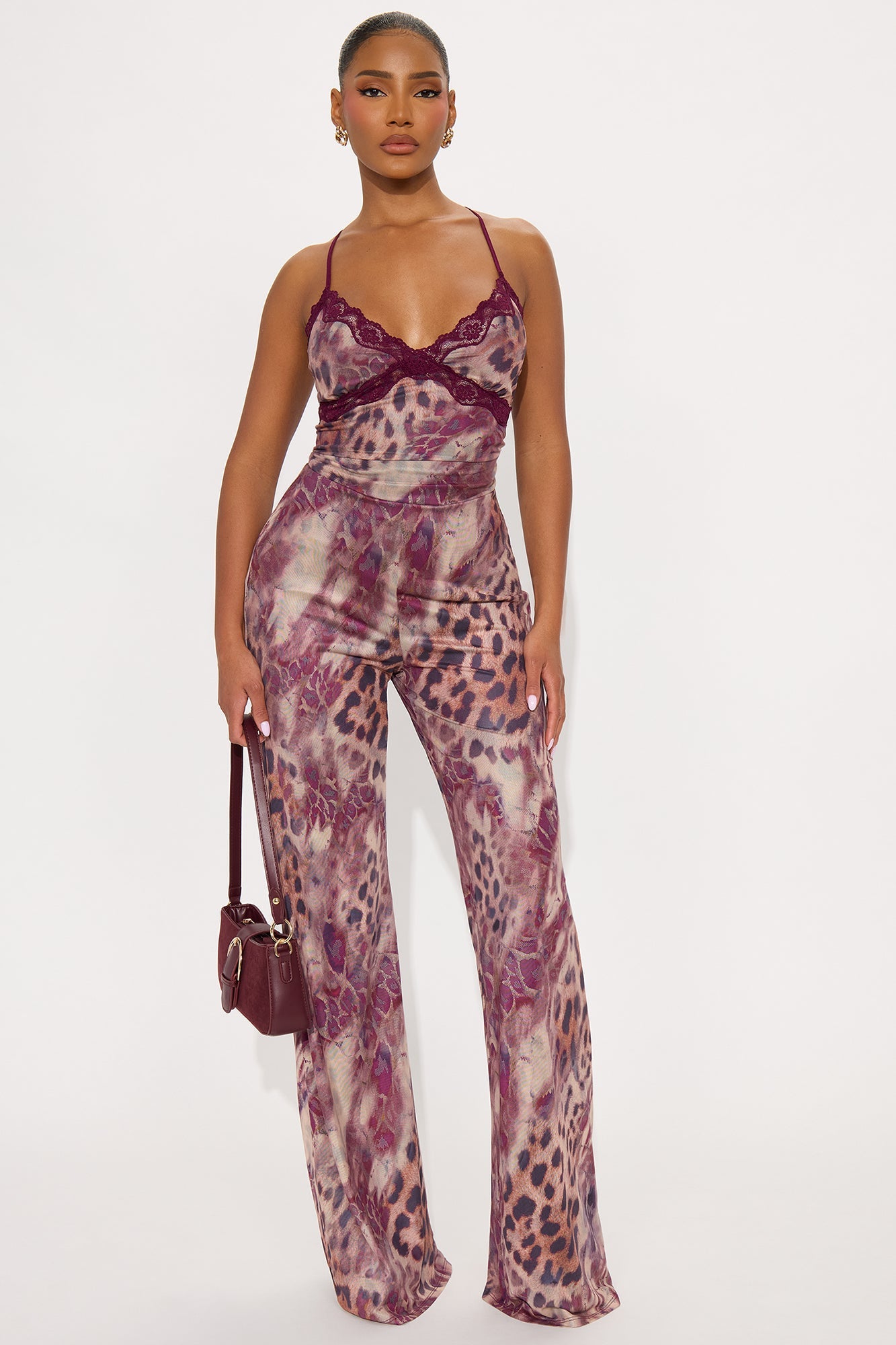 Sarah Mesh Leopard Flare Leg Jumpsuit - Burgundy/combo