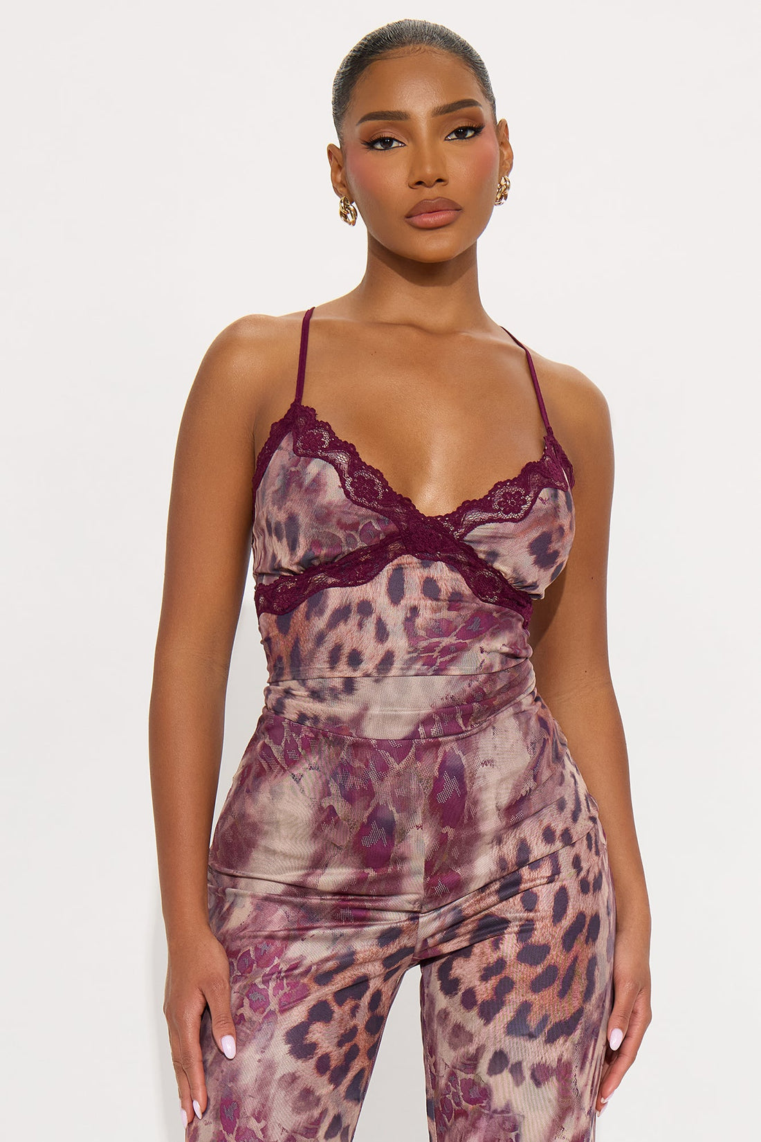Sarah Mesh Leopard Flare Leg Jumpsuit - Burgundy/combo