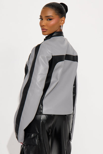 Kelis Faux Leather Moto Jacket - Grey/Black
