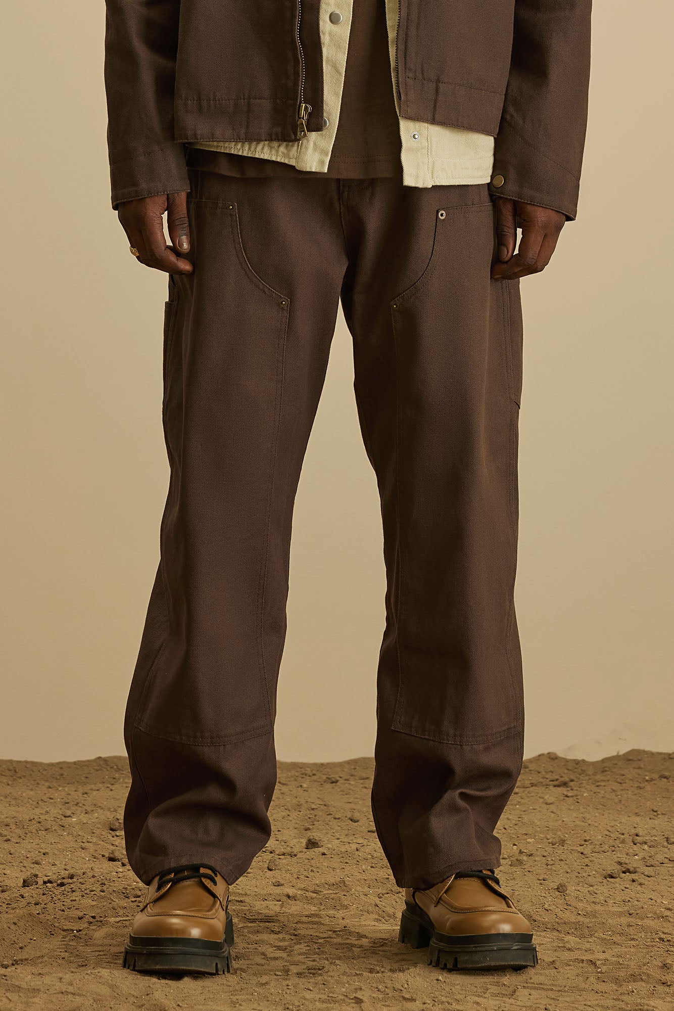 Alexander Double Knee Straight Utility Canvas Pants - Brown