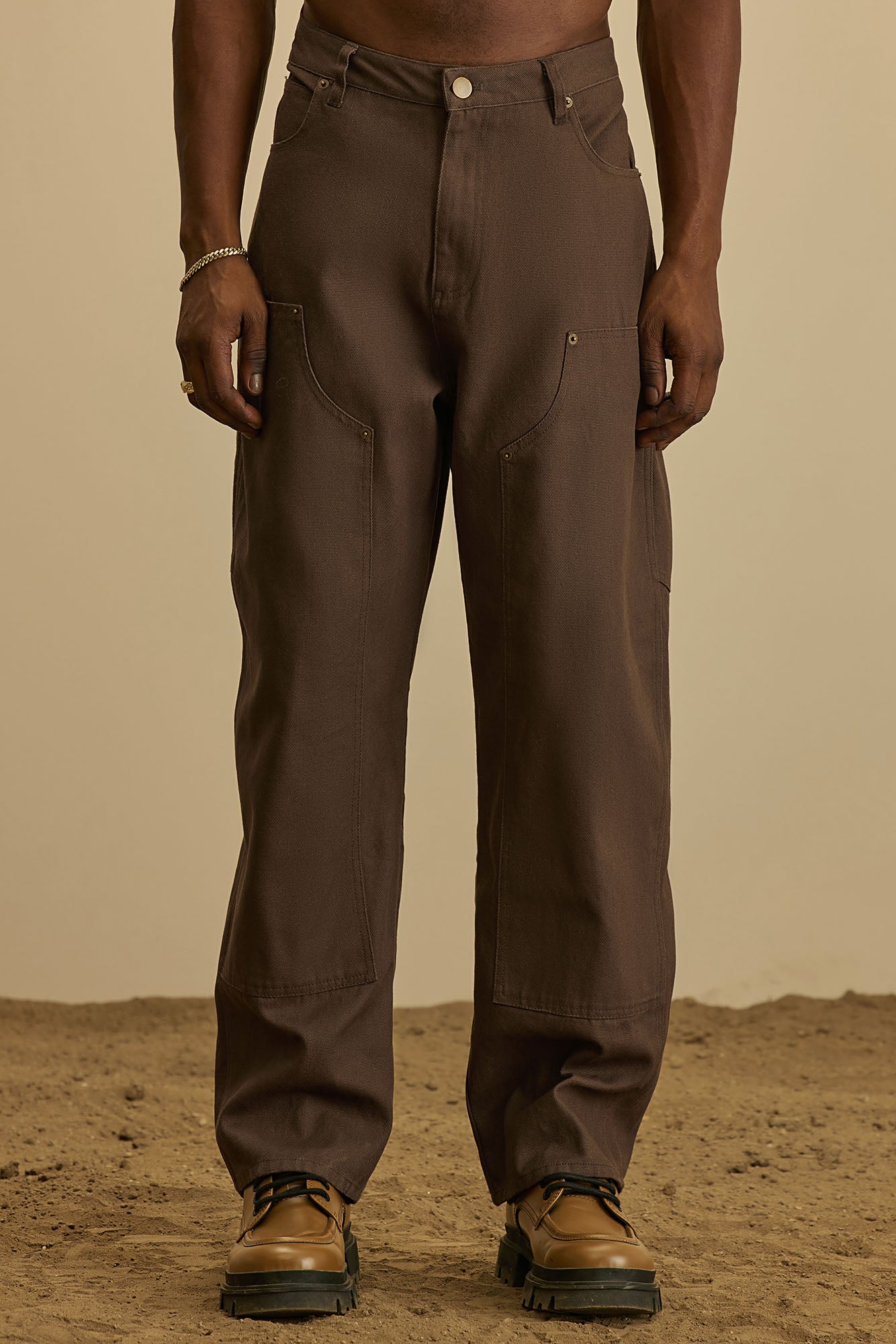 Alexander Double Knee Straight Utility Canvas Pants - Brown