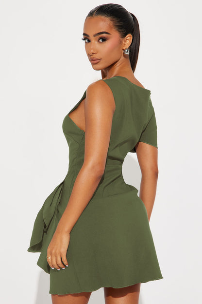 Feel The Vibe Ruched Mini Dress - Olive