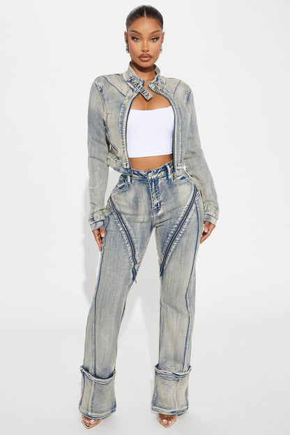 Locking In Stretch Moto Denim Jacket - Vintage Wash