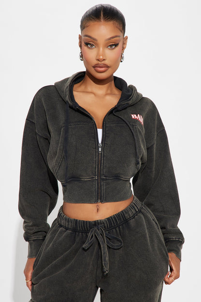 Baddie Washed Front Zip Hoodie - Black Wash