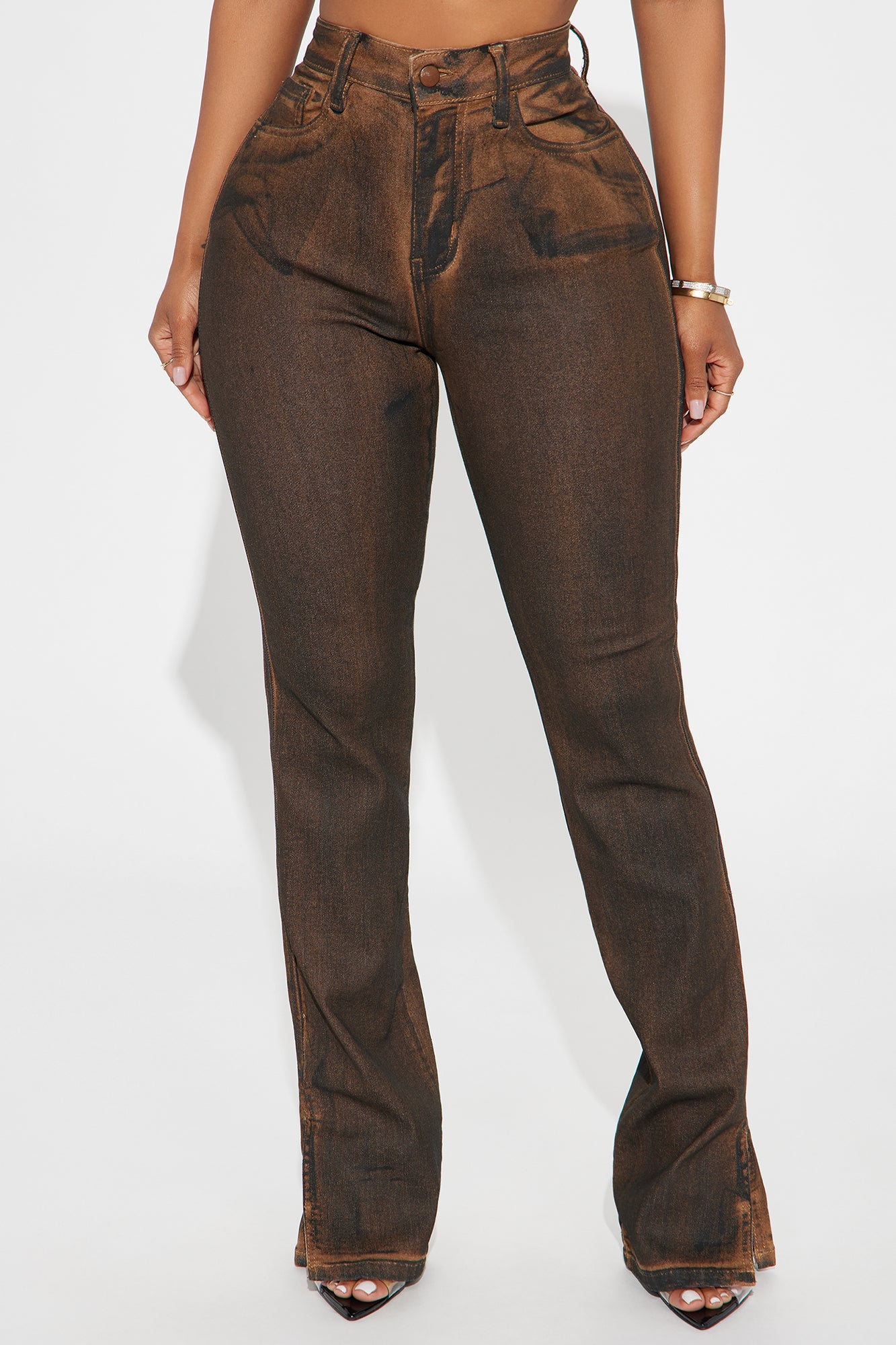 Bronzed Babe Coated Bootcut Jeans - Brown