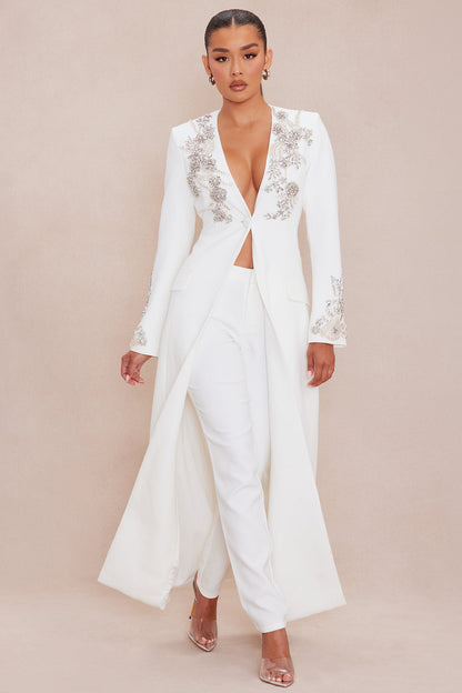 Gracelyn Embellished Maxi Blazer Suit Set - White