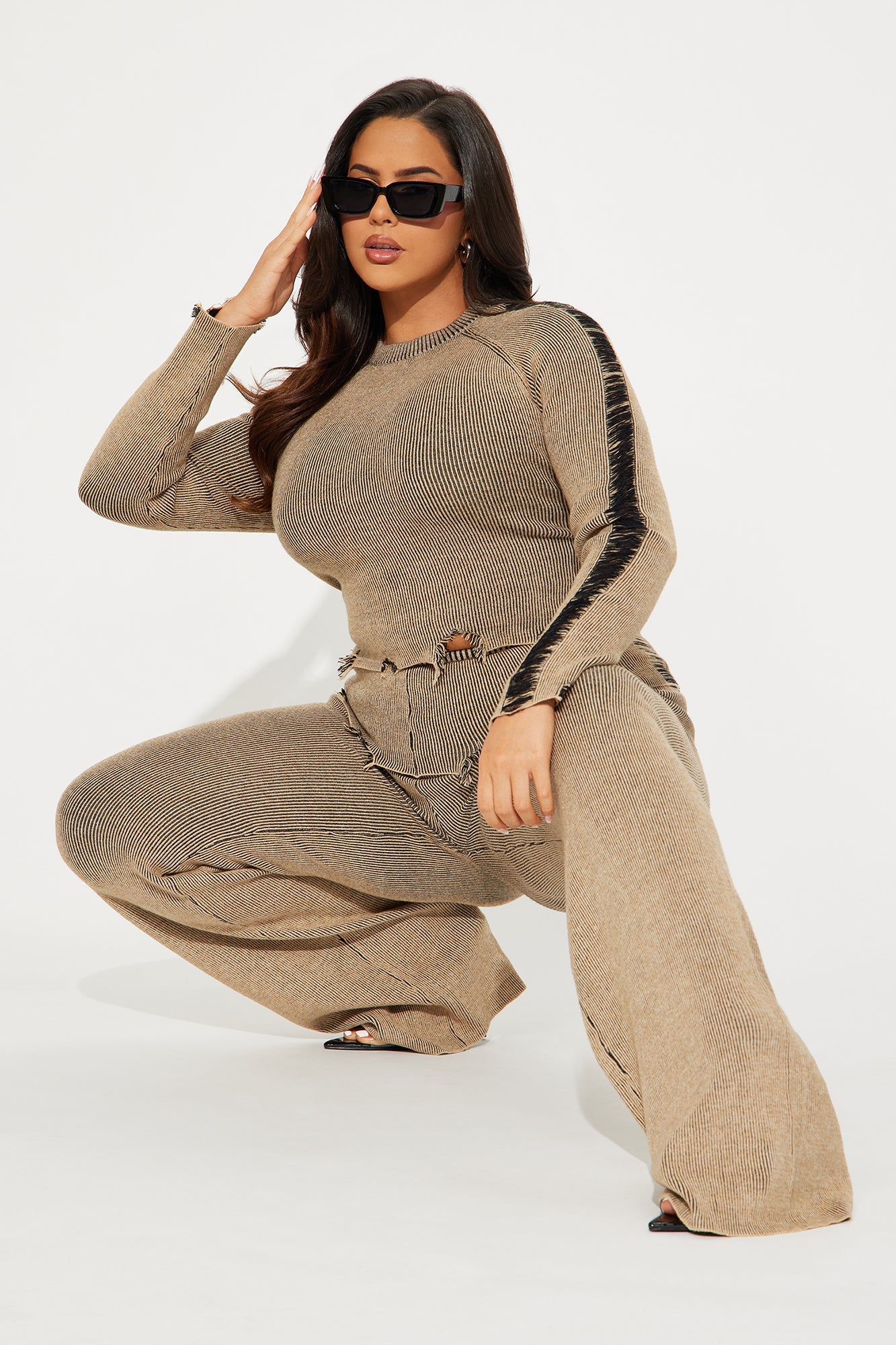 Raya Washed Sweater Pant Set - Brown