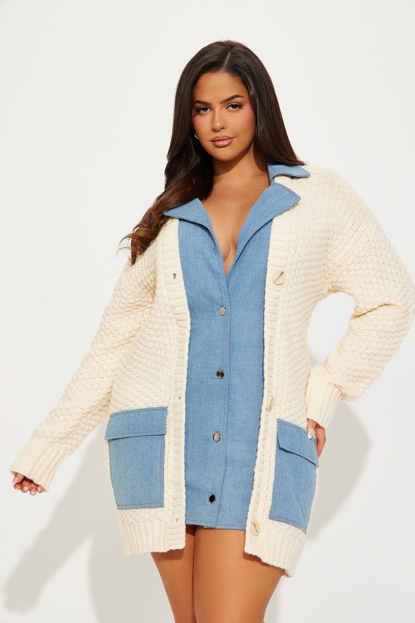 Thinking of You Mini Sweater Dress - Cream/combo