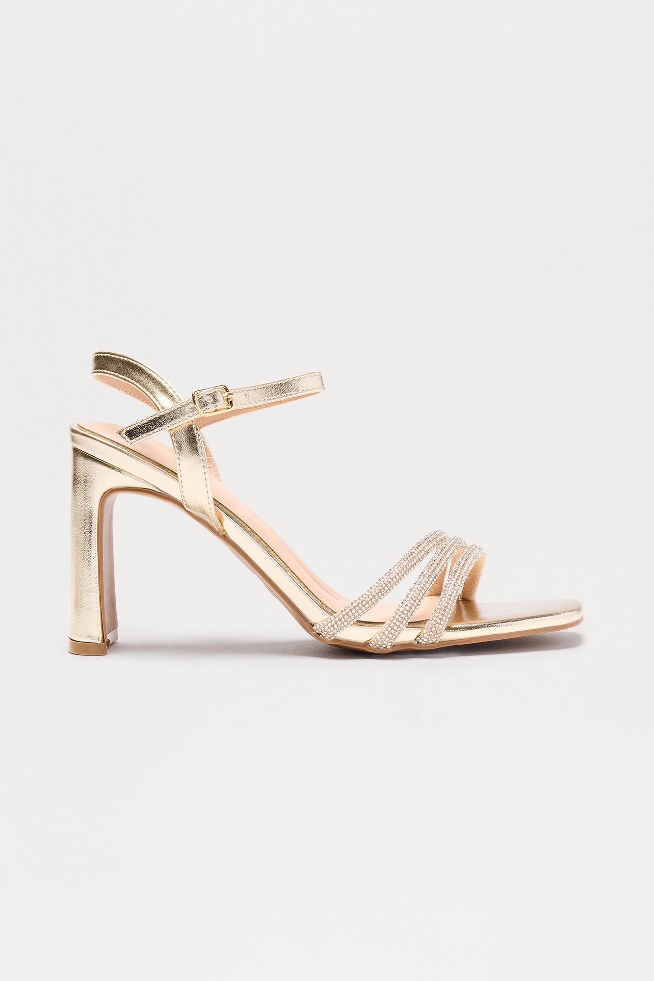Vira Rhinestone Ankle Strap Heels - Gold