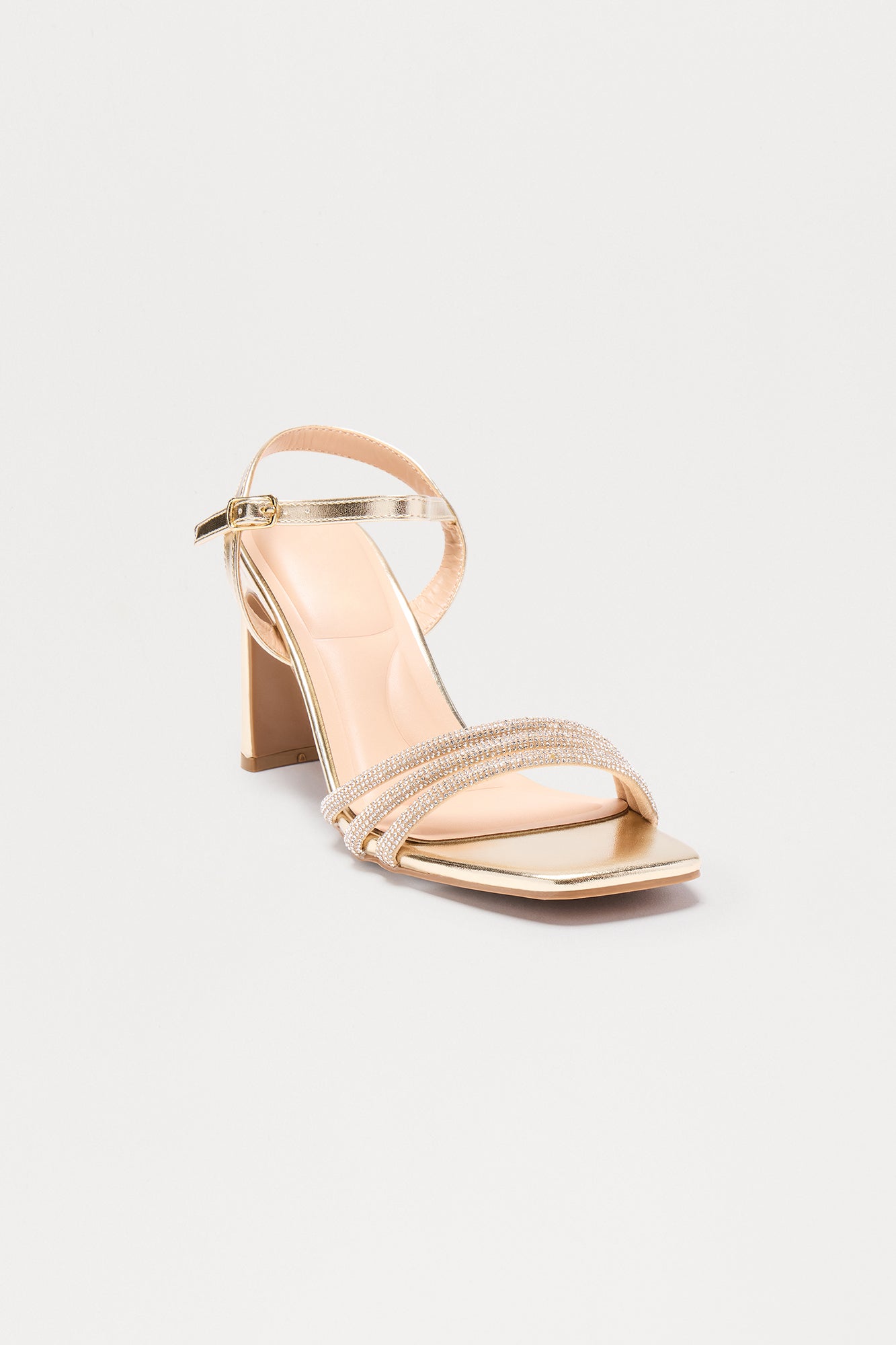 Vira Rhinestone Ankle Strap Heels - Gold