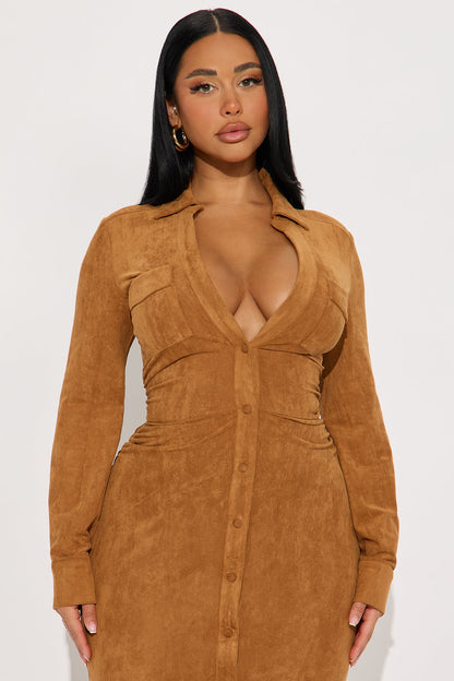 Noelle Suede Maxi Shirt Dress - Cognac