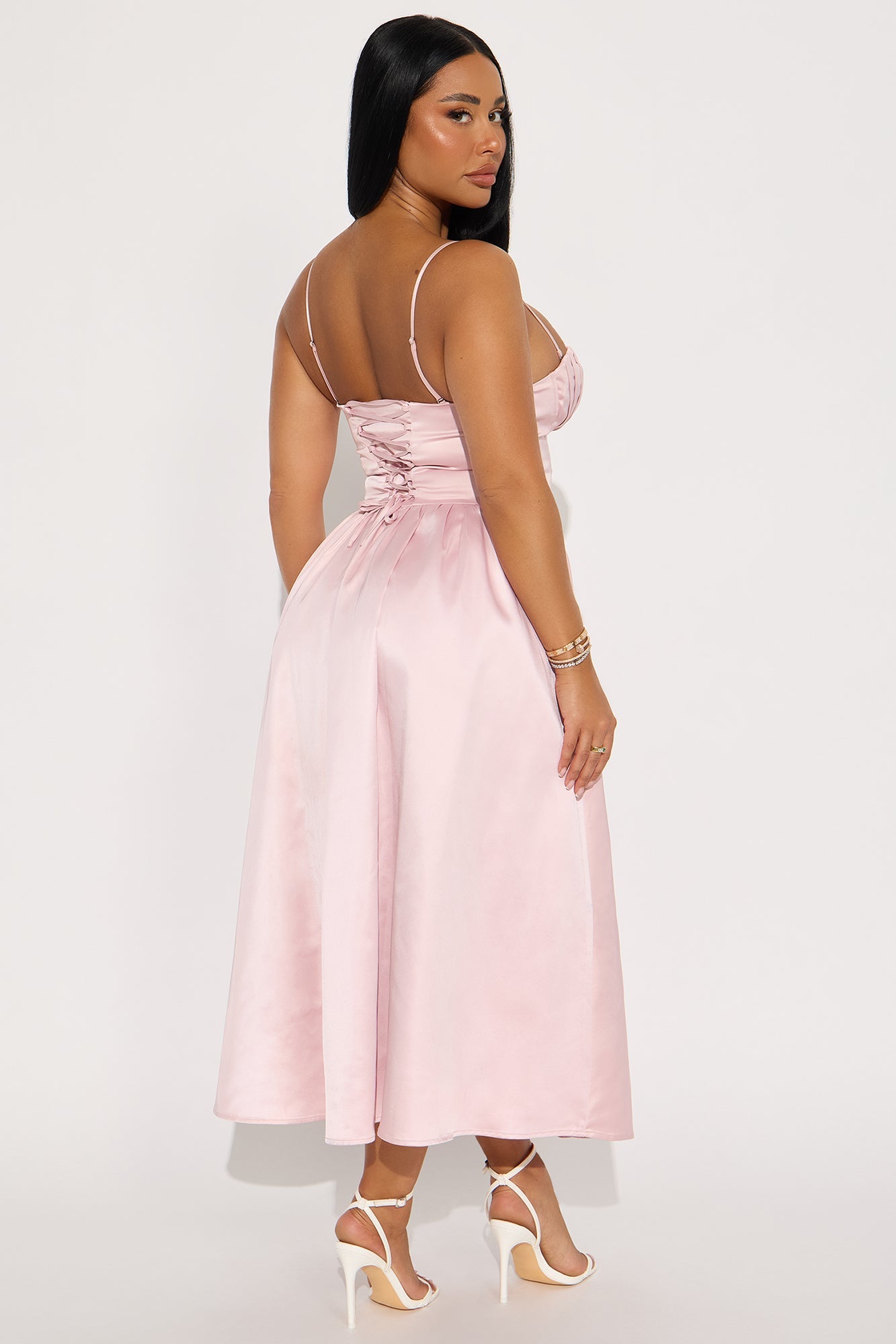 Mila Pleated Satin Midi Dress - Blush