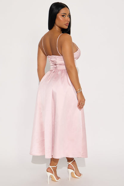 Mila Pleated Satin Midi Dress - Blush