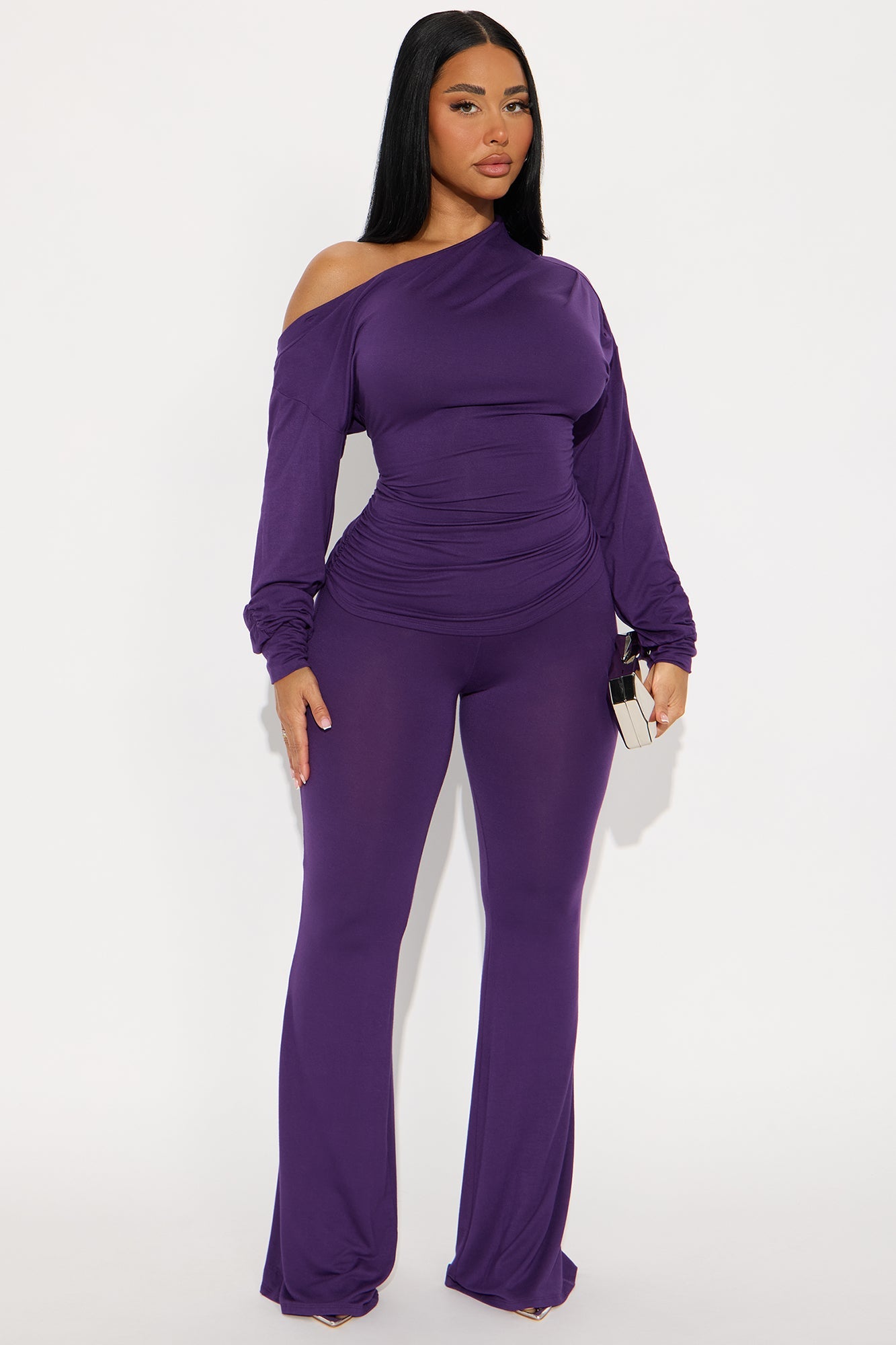 Solana Off Shoulder Pant Set - Eggplant