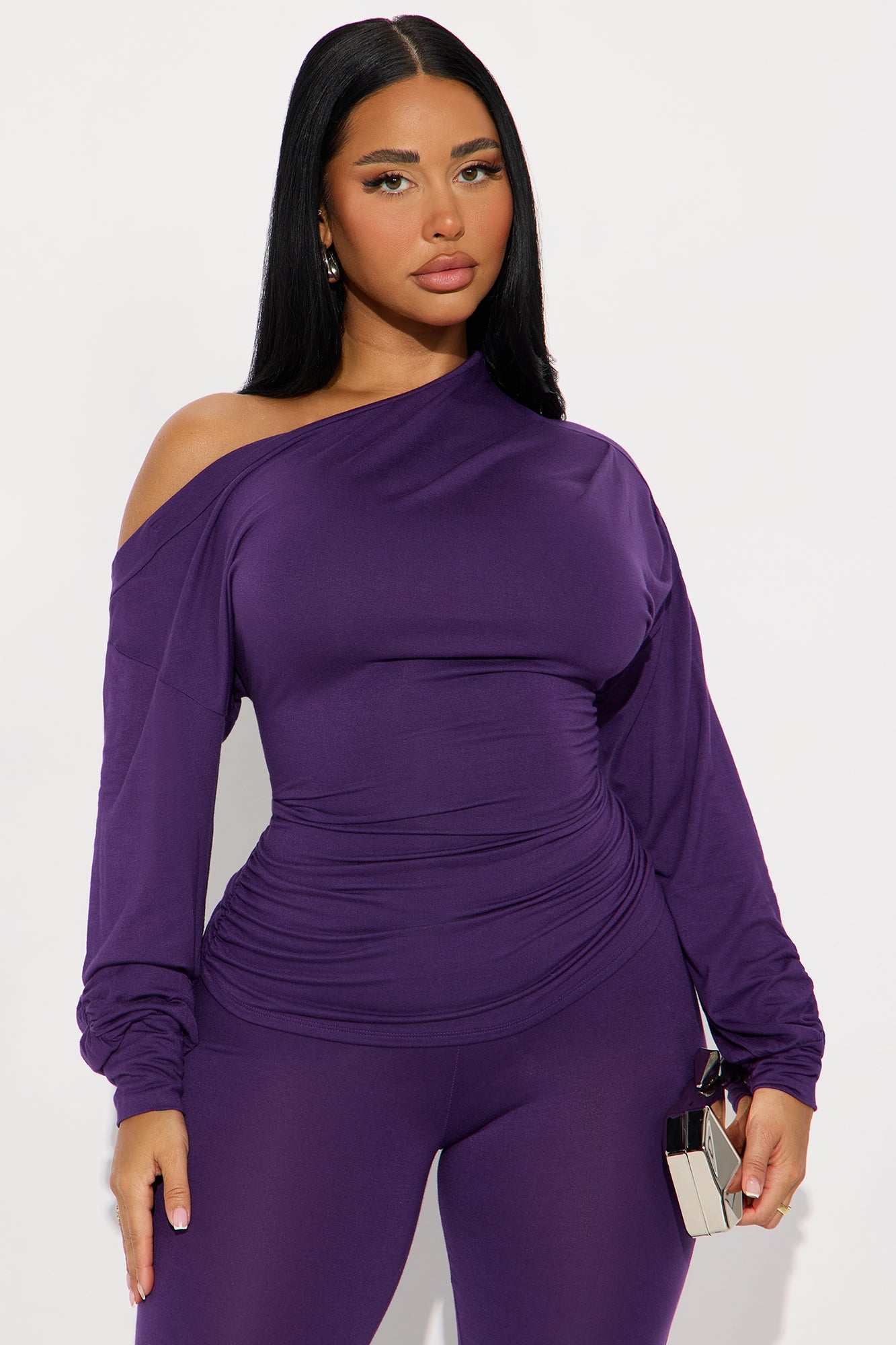 Solana Off Shoulder Pant Set - Eggplant