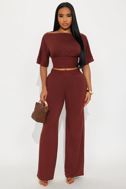 Stay A While Dolman Sleeve Wide Leg Pant Set - Brown