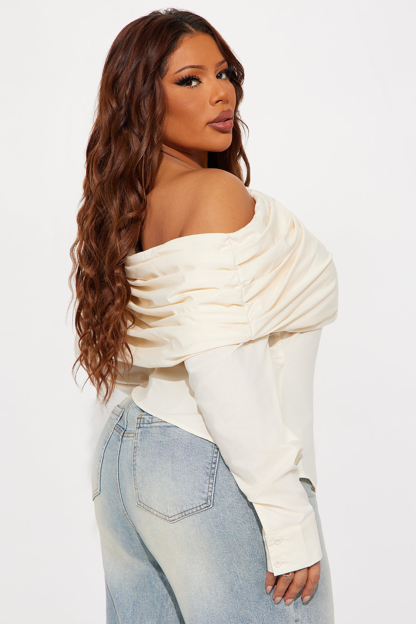 Eye Candy Ruched Off Shoulder Top - Ivory