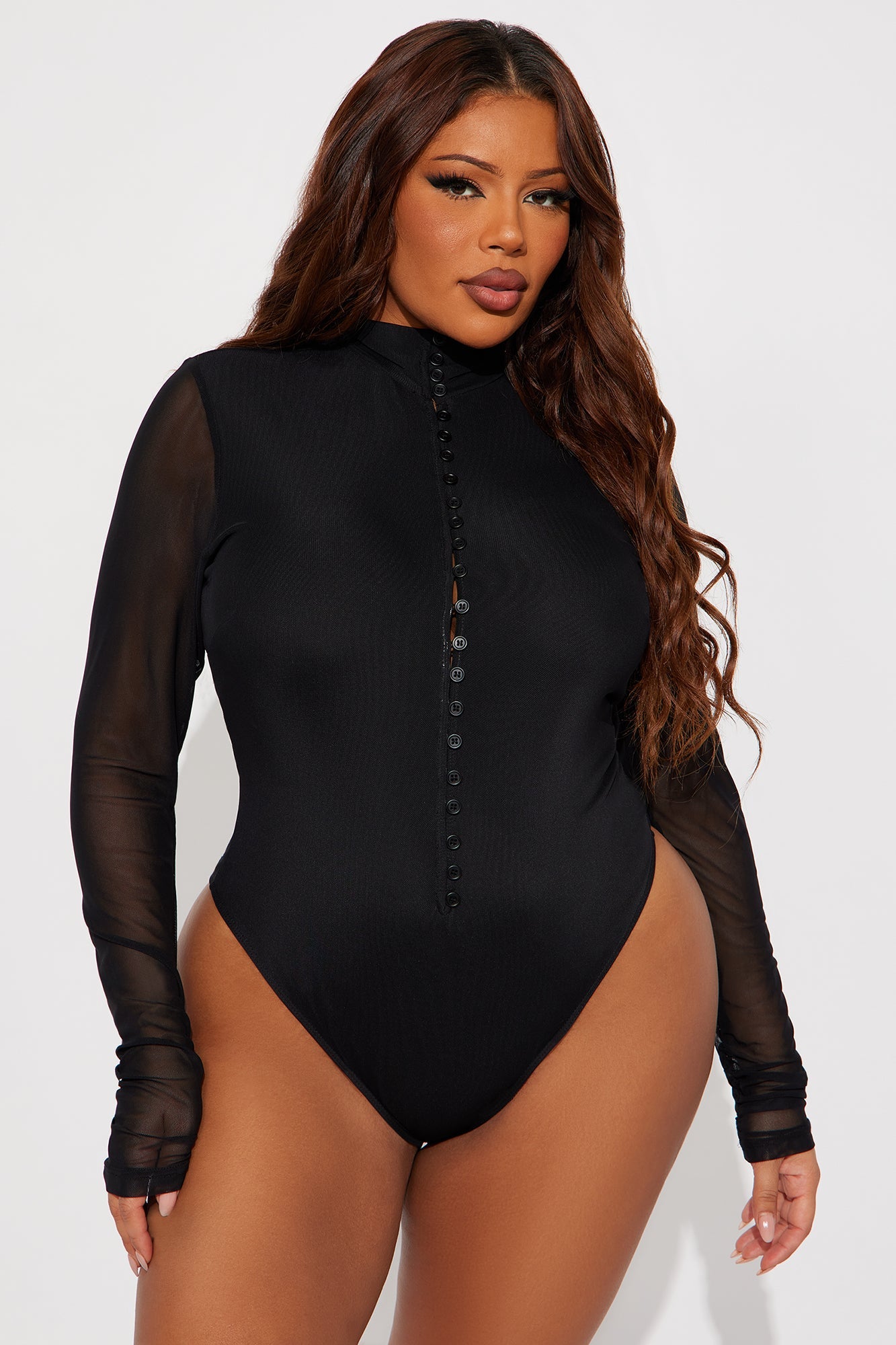 Victoria Button Up Turtle Neck Mesh Bodysuit - Black