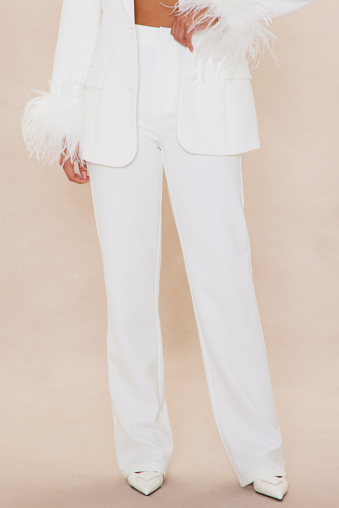 Clarissa Feather Blazer Suit Set - White