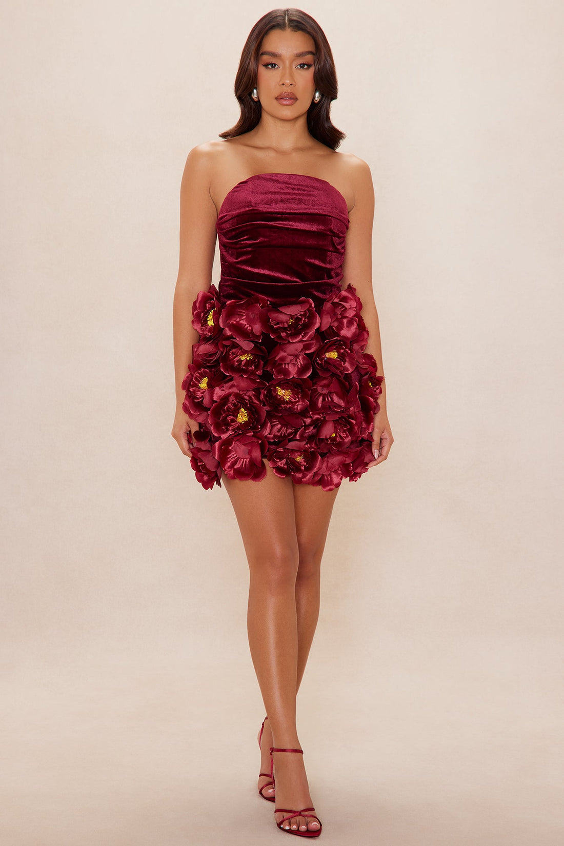 Camellia Floral Applique Velvet Mini Dress - Burgundy