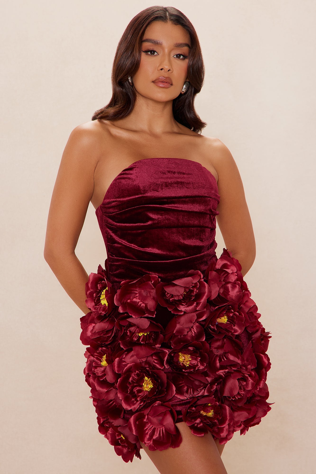 Camellia Floral Applique Velvet Mini Dress - Burgundy