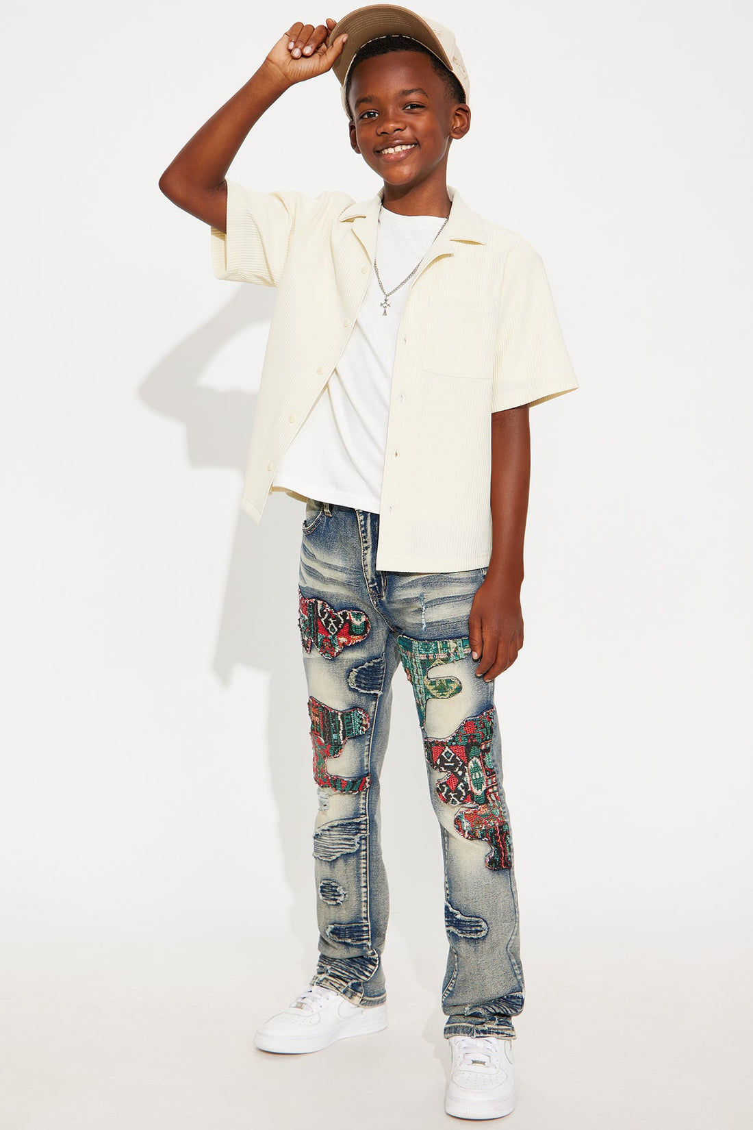 Mini Slim Patched Tapestry Distressed Jeans - Vintage Blue Wash
