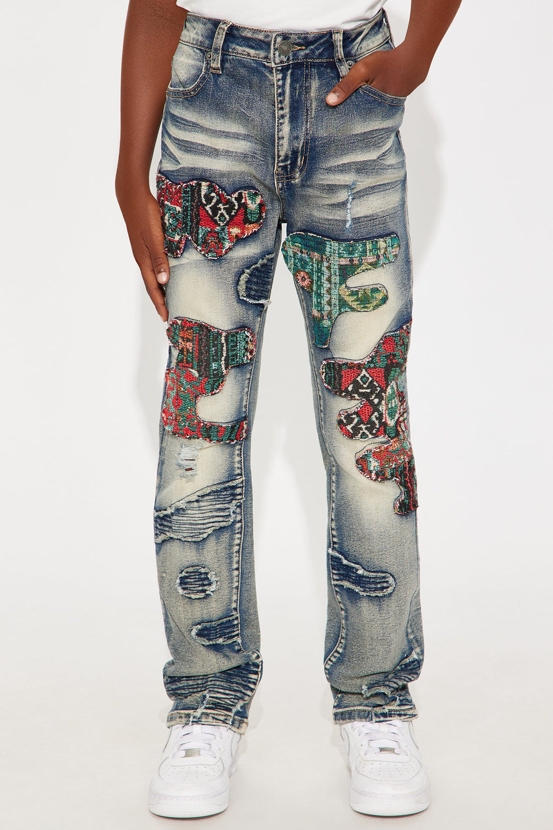 Mini Slim Patched Tapestry Distressed Jeans - Vintage Blue Wash