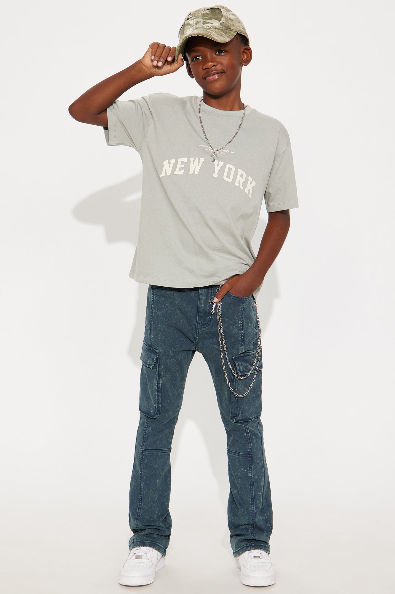 Mini Stacked Skinny Flare Message Me Cargo Pants - Blue