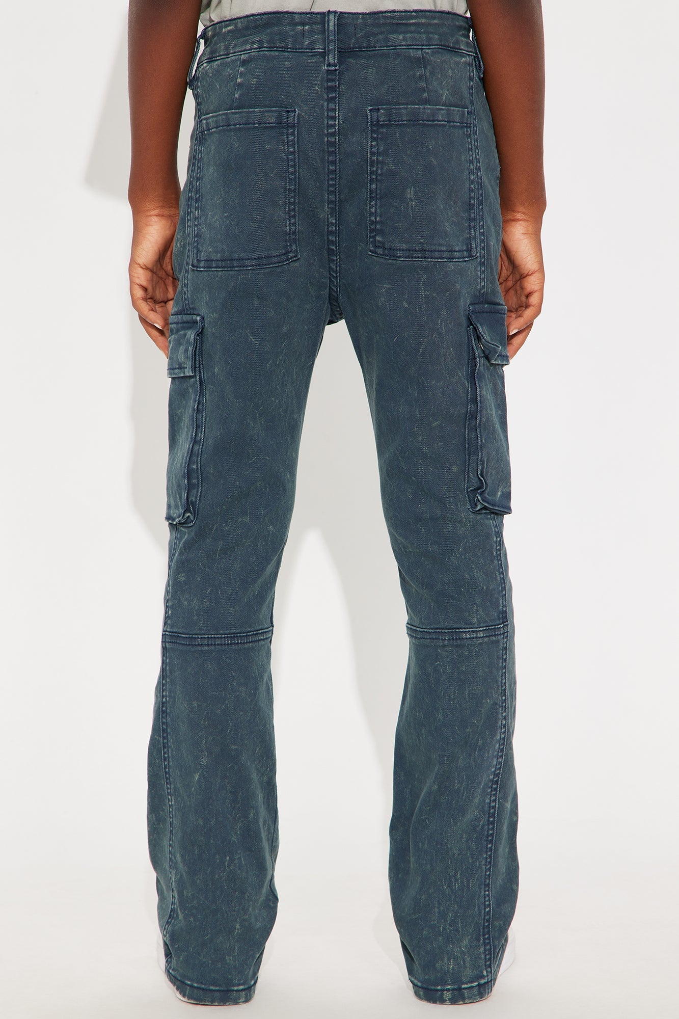 Mini Stacked Skinny Flare Message Me Cargo Pants - Blue