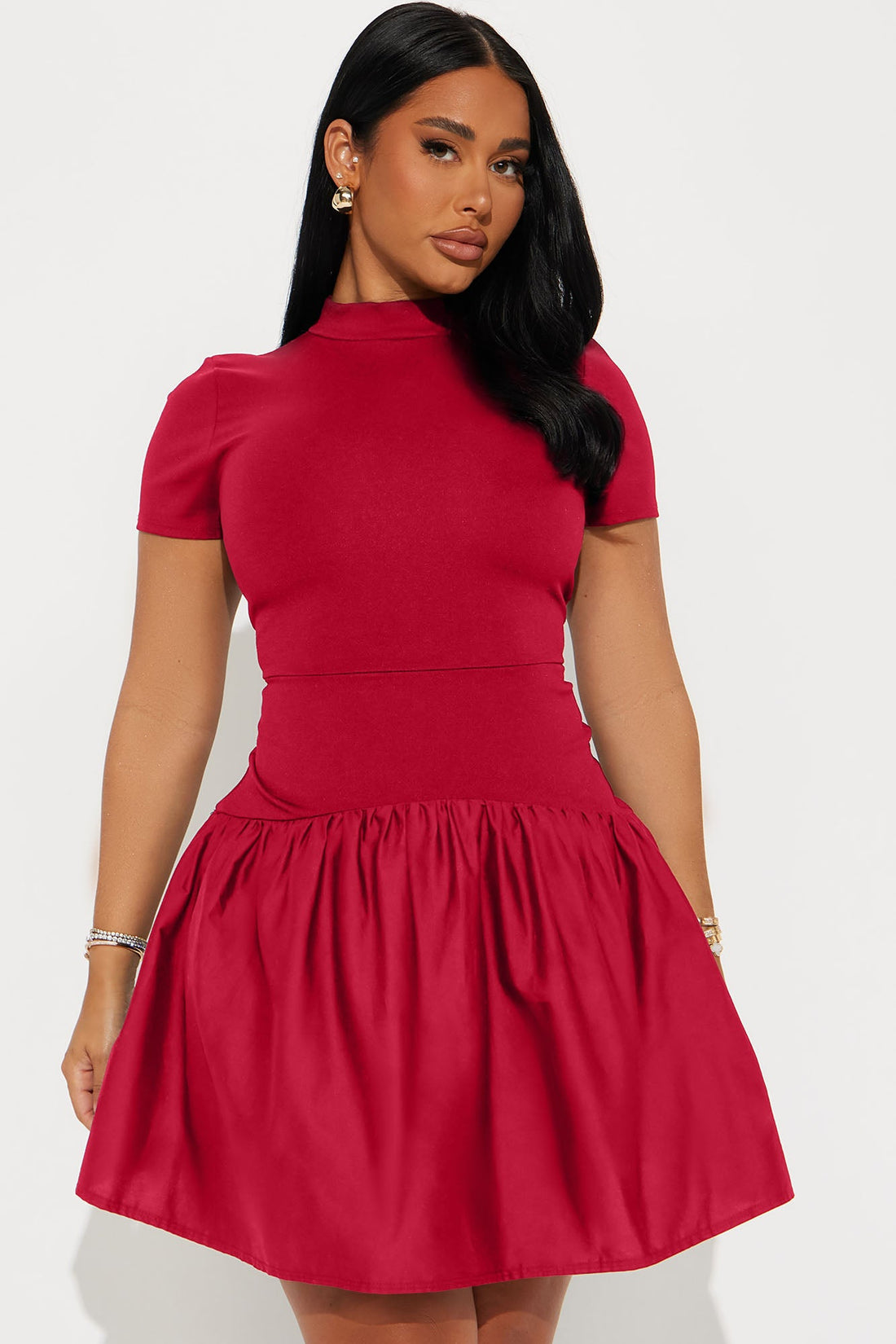 Kennedy Short Sleeve Drop Waist Mini Dress - Red