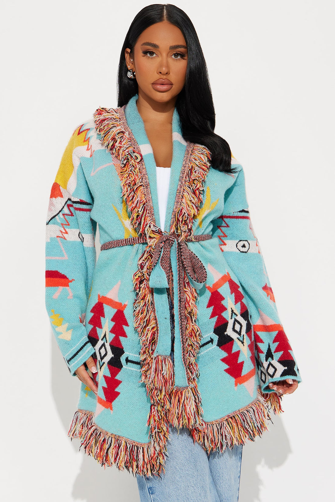 Western Day Fringe Cardigan - Blue/combo