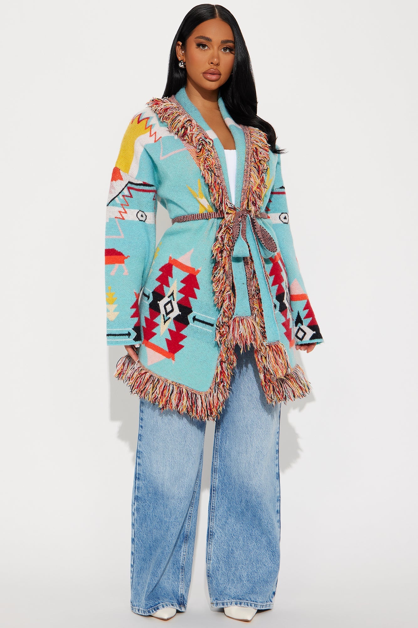 Western Day Fringe Cardigan - Blue/combo