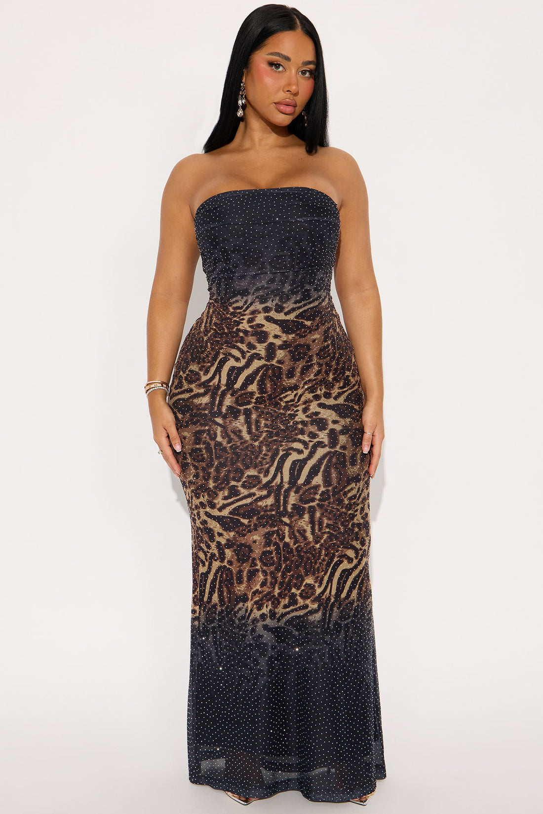 On The Wild Side Rhinestone Maxi Dress - Brown/combo