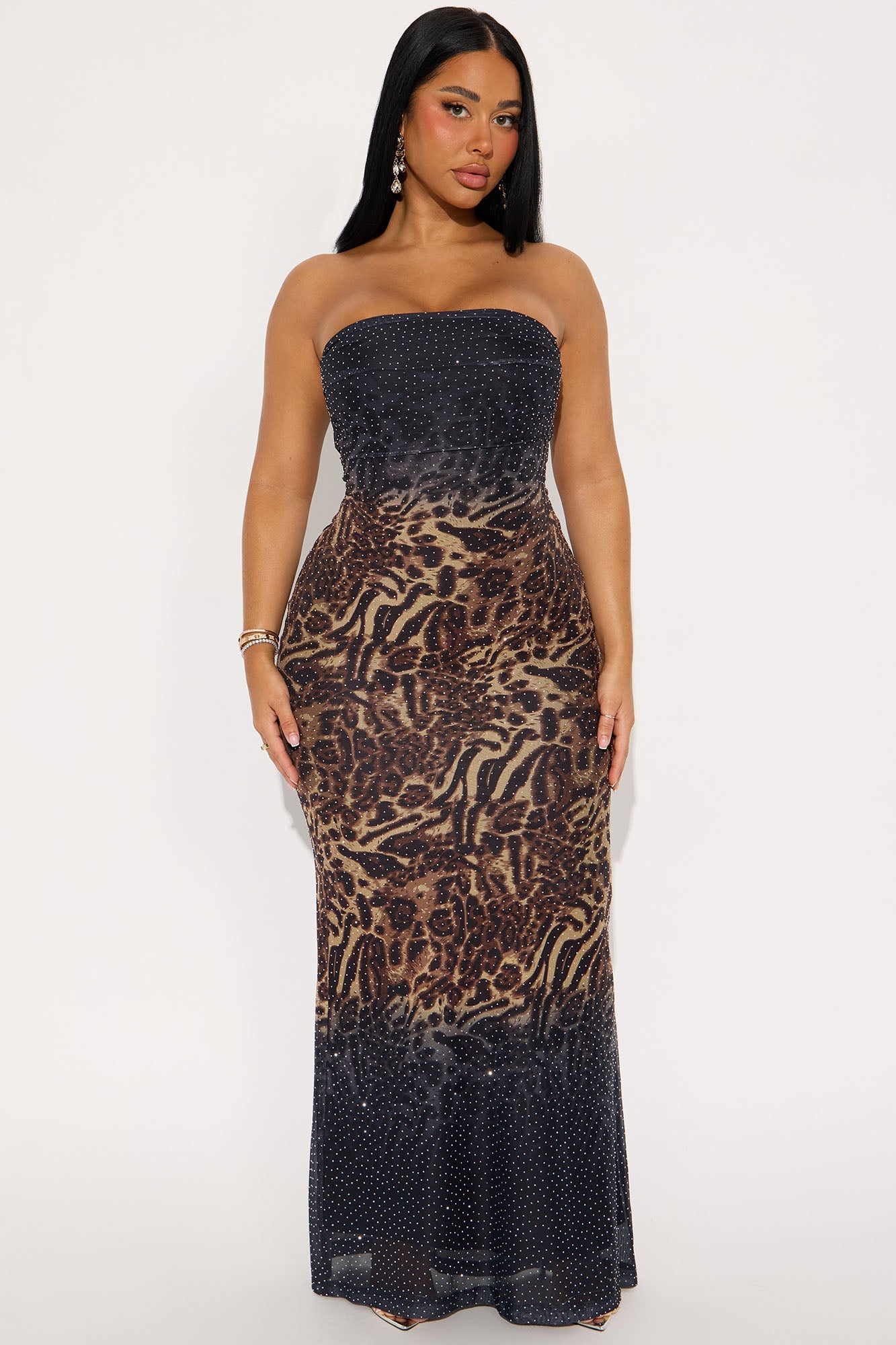 On The Wild Side Rhinestone Maxi Dress - Brown/combo