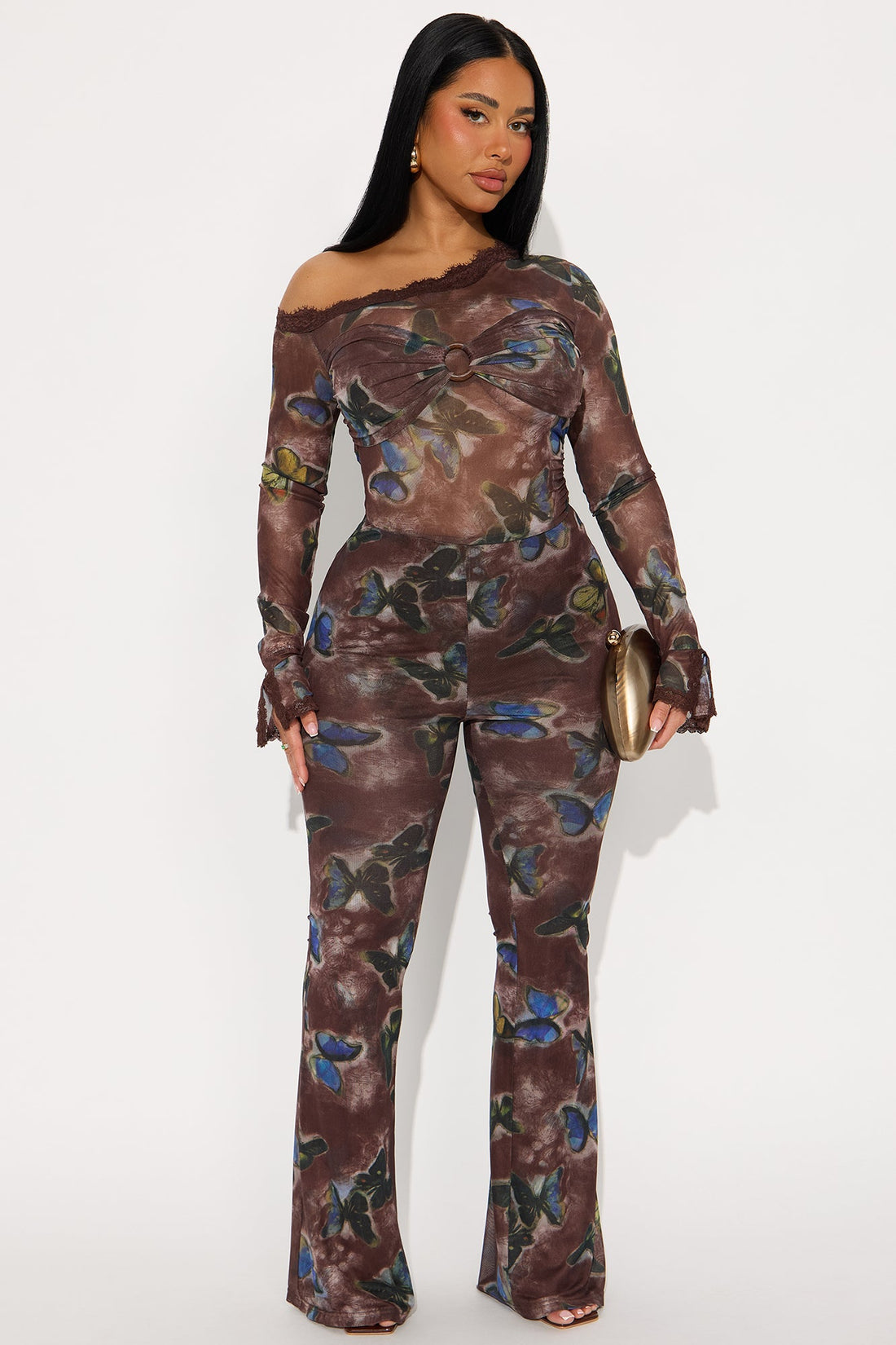 Sweet &amp; Sexy Mesh Flare Jumpsuit - Brown/combo