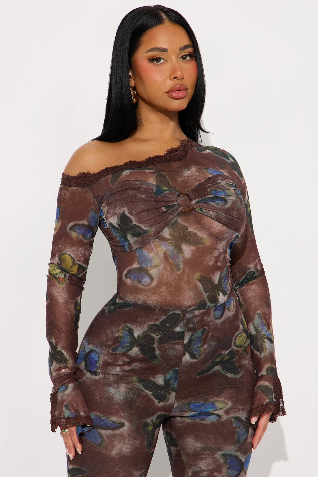 Sweet &amp; Sexy Mesh Flare Jumpsuit - Brown/combo