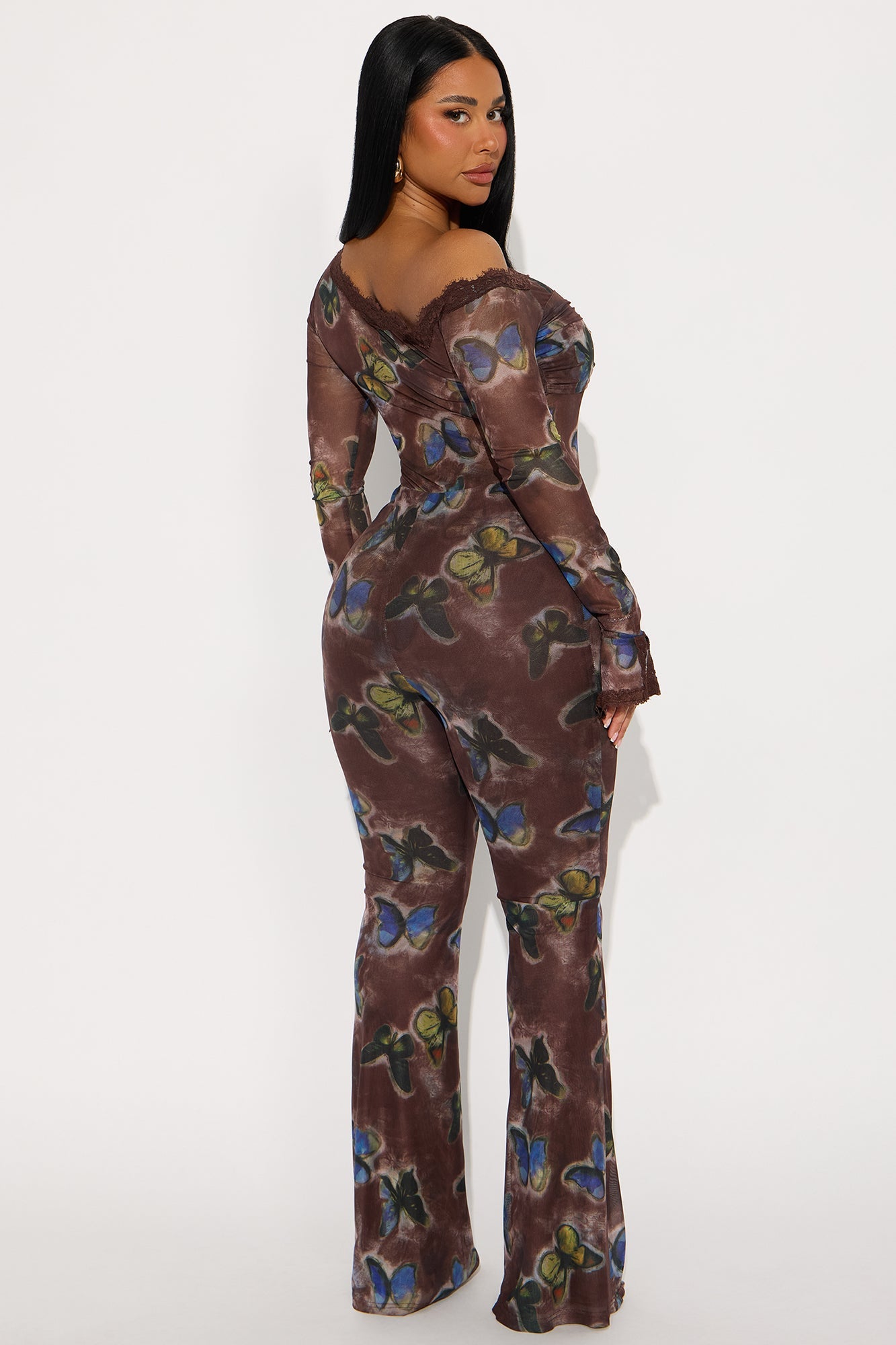 Sweet &amp; Sexy Mesh Flare Jumpsuit - Brown/combo