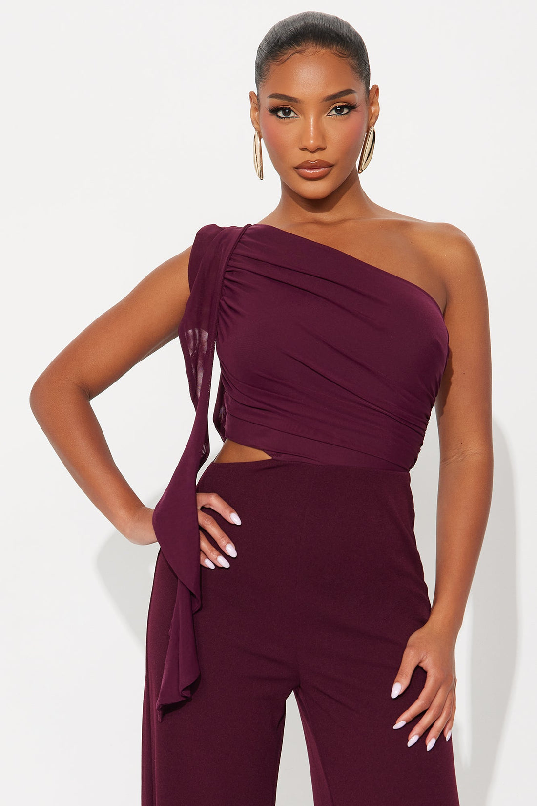 Lorelei One Shoulder Wide Leg Jumpsuit - Burgundy