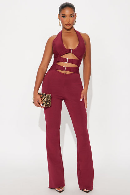 Aurora Bandage Halter Jumpsuit - Burgundy
