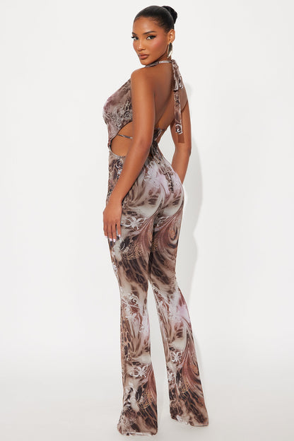 Sonia Mesh Flared Jumpsuit - Brown Combo