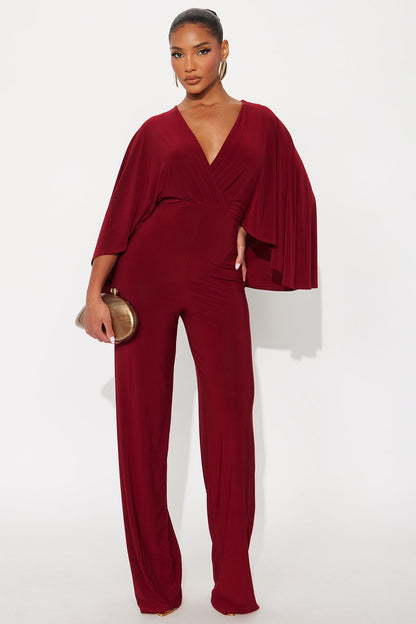 Jelena Cape Top Wide Leg Jumpsuit - Burgundy
