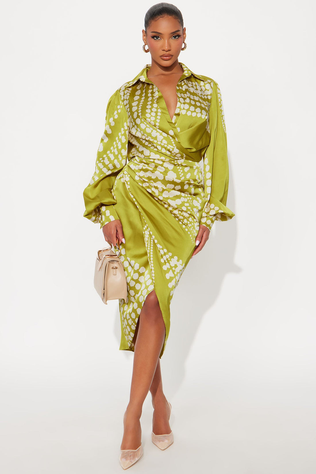 Glamour Days Satin Midi Dress - Green/combo