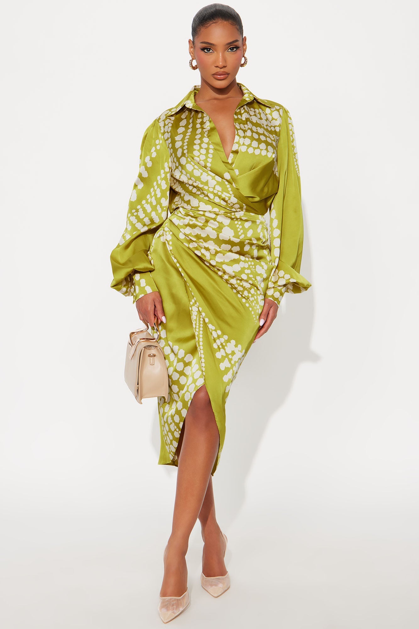 Glamour Days Satin Midi Dress - Green/combo