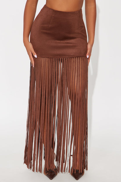 On The Fringe Faux Suede Maxi Skirt - Brown